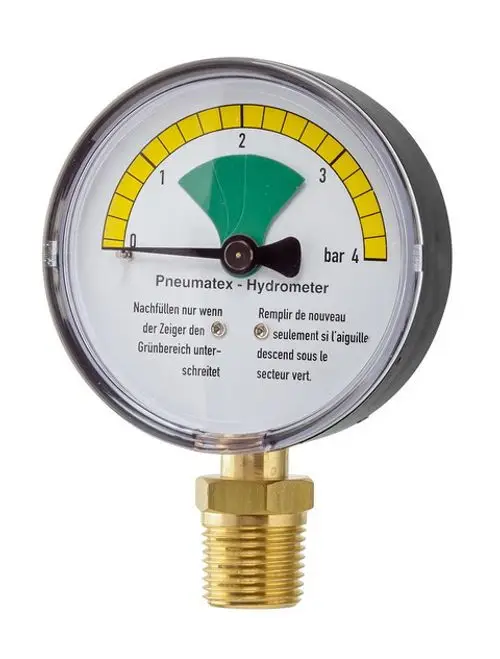 Zeigeranzeige eines Druckmessgeräts von IMI Hydronic Engineering mit Skala von 0 bis 4 bar. Grüne und gelbe Bereiche zur Druckbewertung sichtbar.